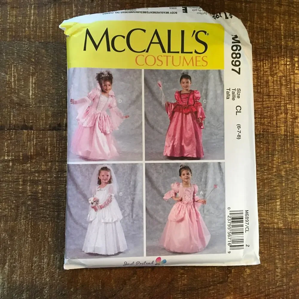 McCalls Sewing Pattern M6897 Girls Princess Gown Wedding Dress Costume 6-8 UNCUT